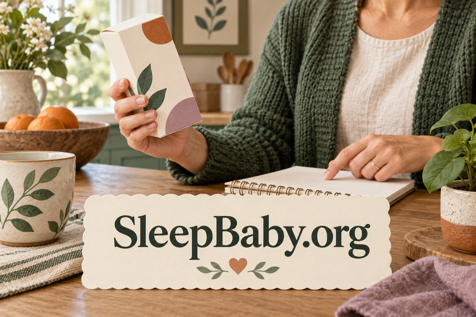 A caregiver checking an unbranded medicine carton beside a notebook. SleepBaby.org illustration.