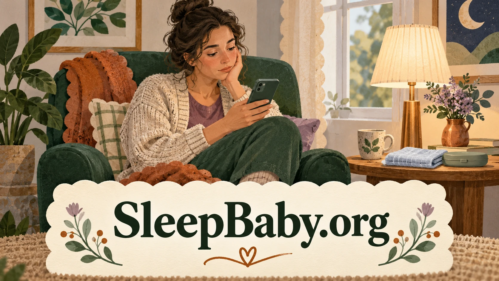An awake parent reviewing a phone beside a folded cloth. SleepBaby.org illustration.