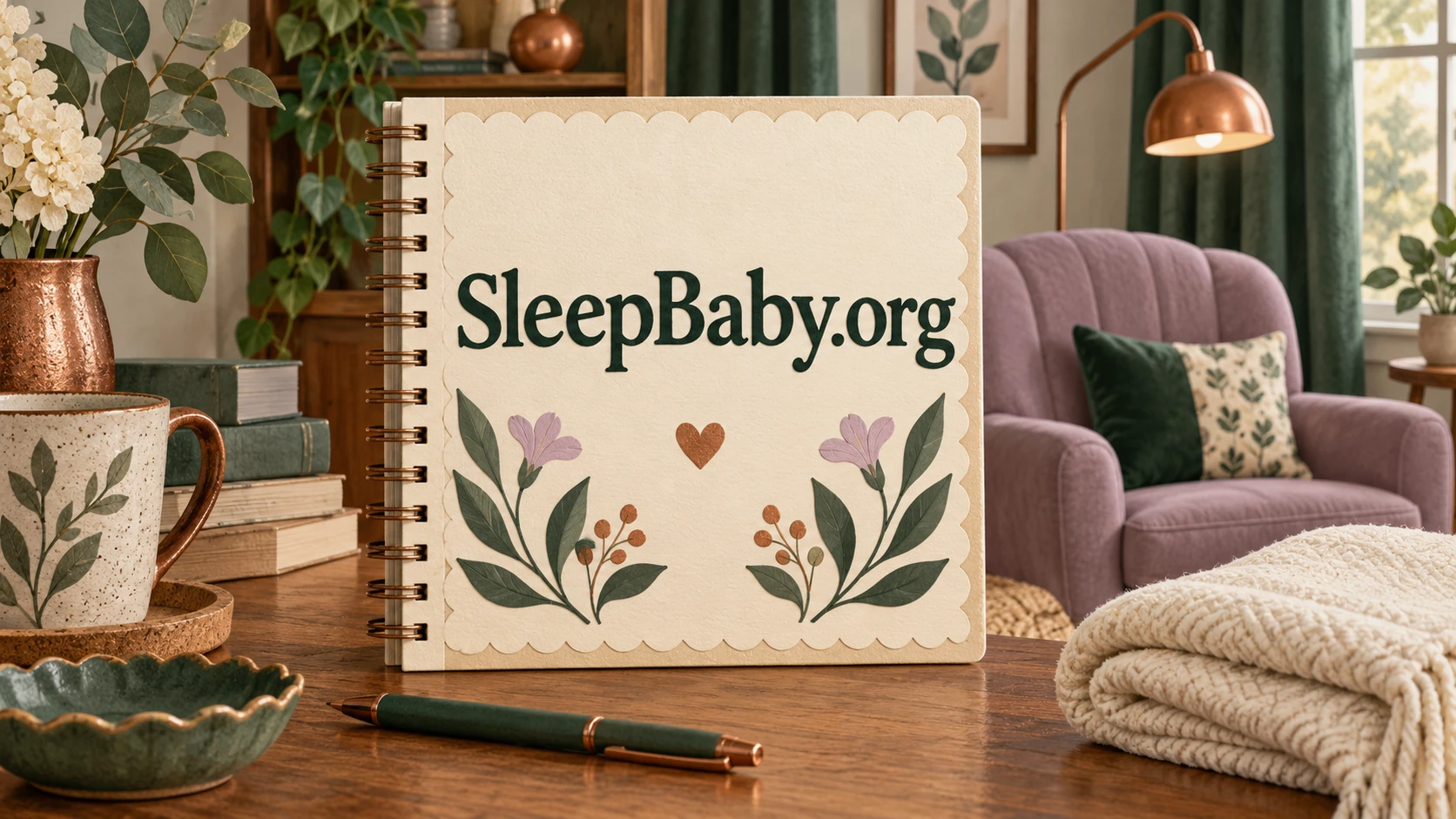 A household notebook beside an empty armchair and reading lamp. SleepBaby.org illustration.