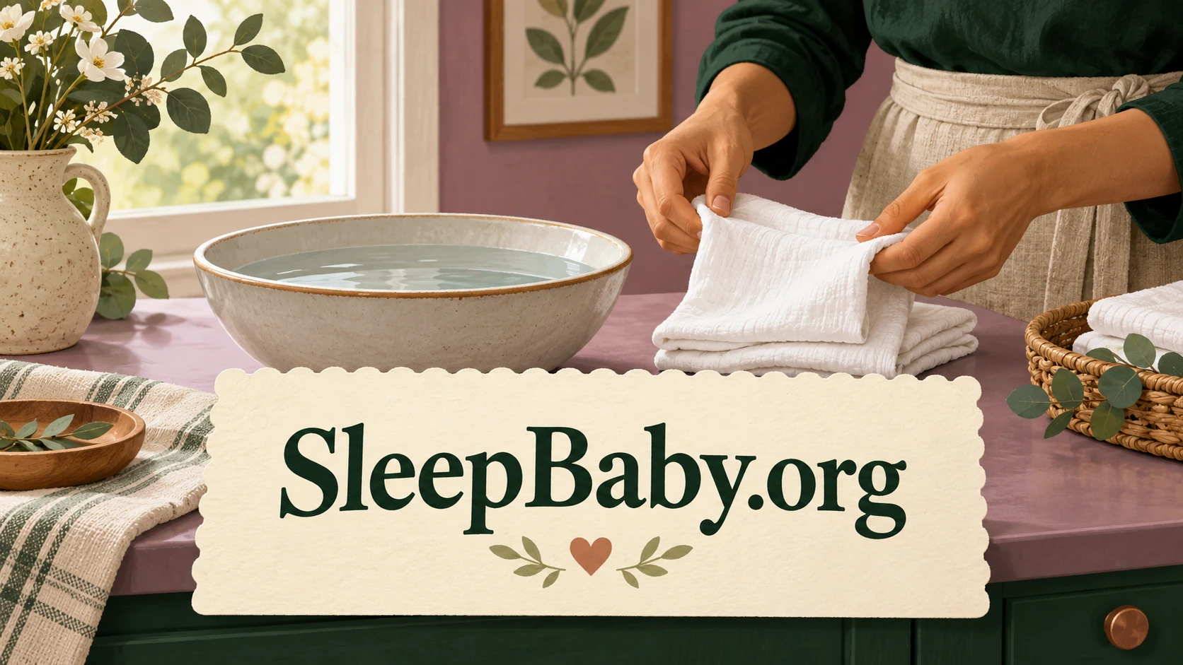 Adult hands folding a clean cloth beside a bowl of cool water. SleepBaby.org illustration.