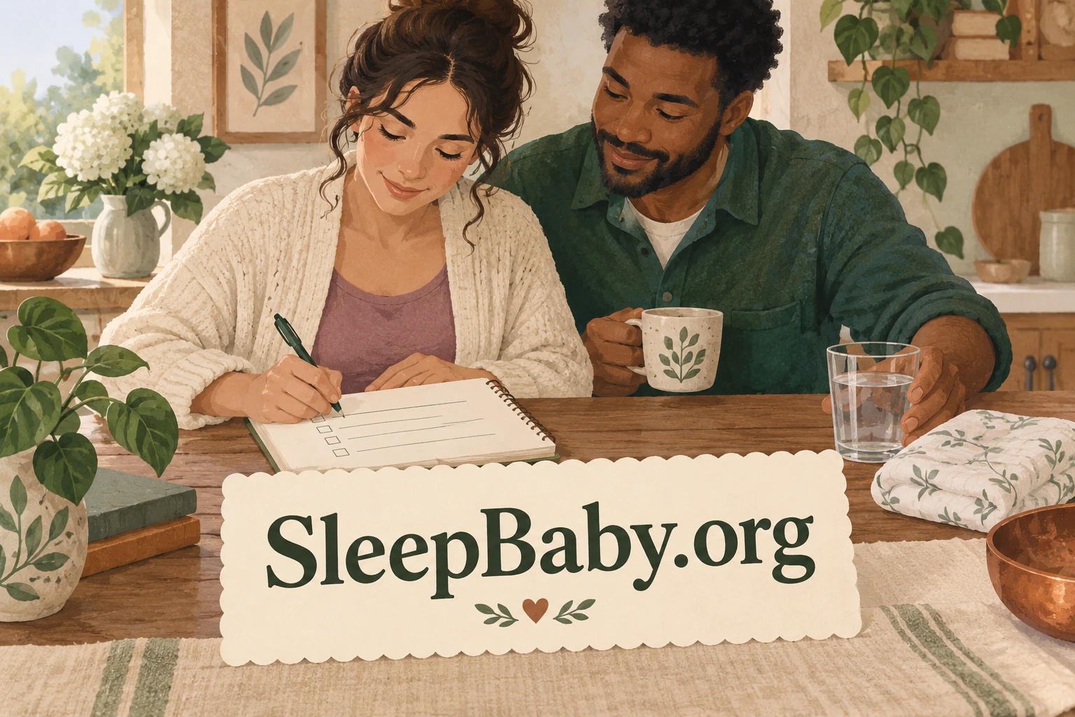 Two caregivers writing a care plan at a kitchen table. SleepBaby.org illustration.