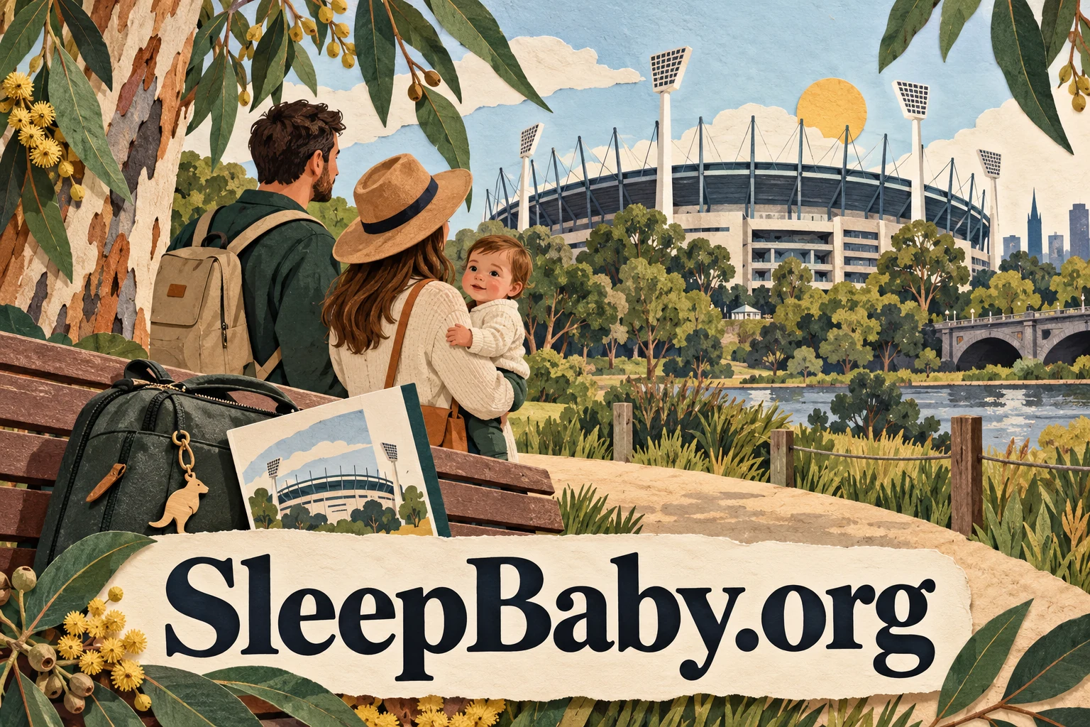 Two adults hold an awake baby with a stadium and eucalyptus trees in the distance.