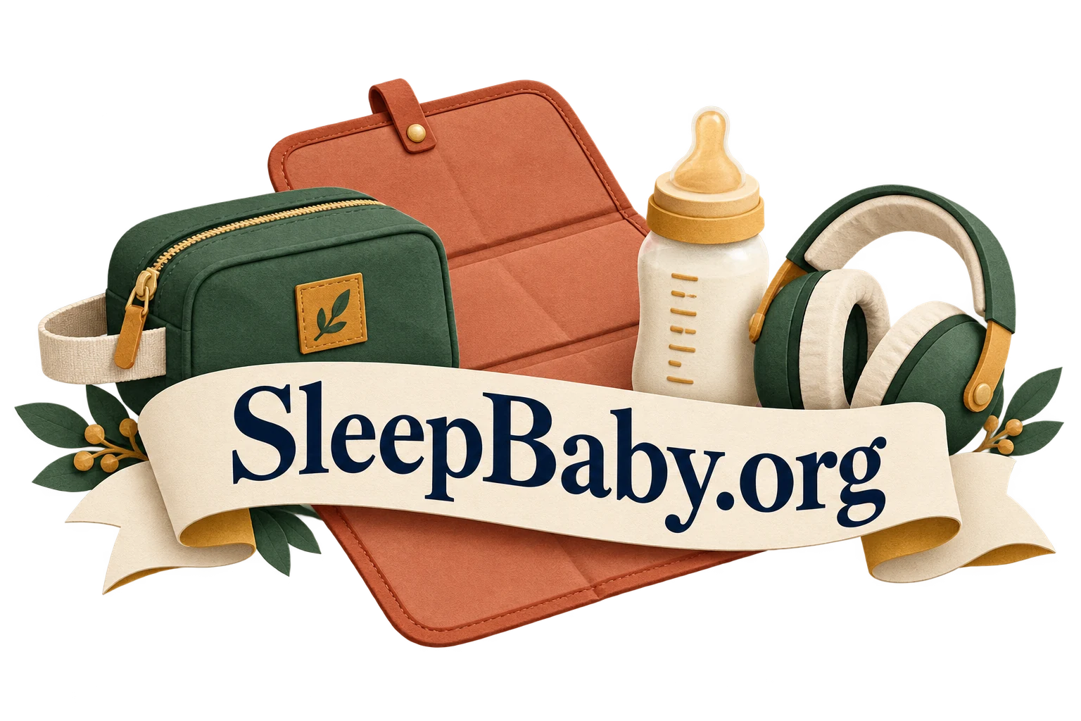 A care bag, changing mat, bottle and protective earmuffs frame a SleepBaby.org ribbon.