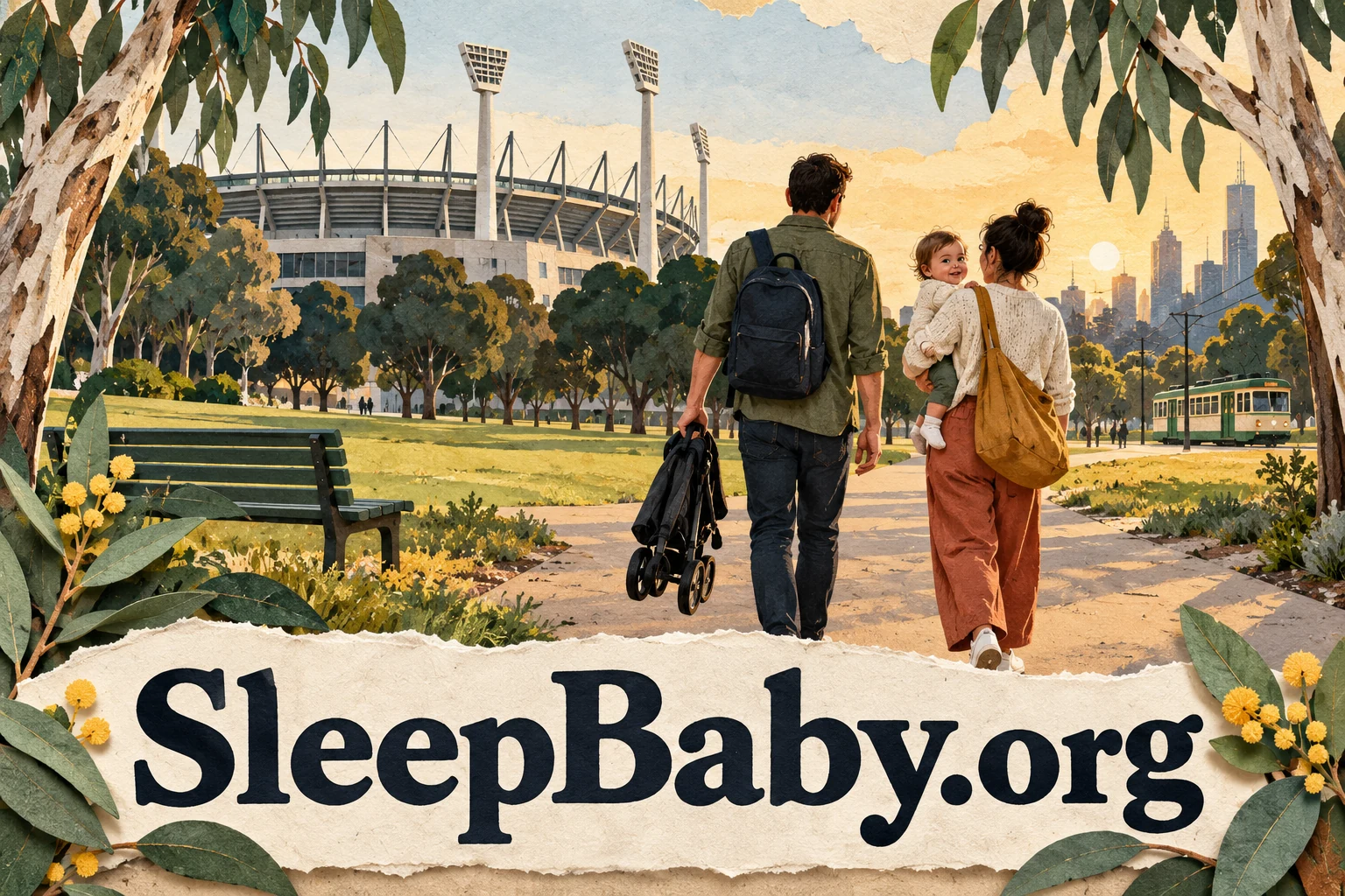 Two adults carry a baby and folded stroller along a park path away from a stadium.