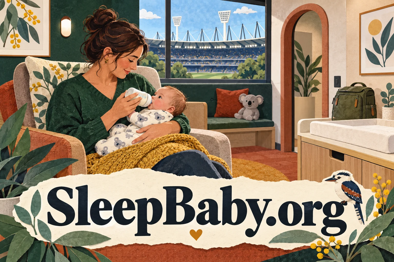 A seated adult holds and bottle-feeds an awake baby in an imagined quiet care room.