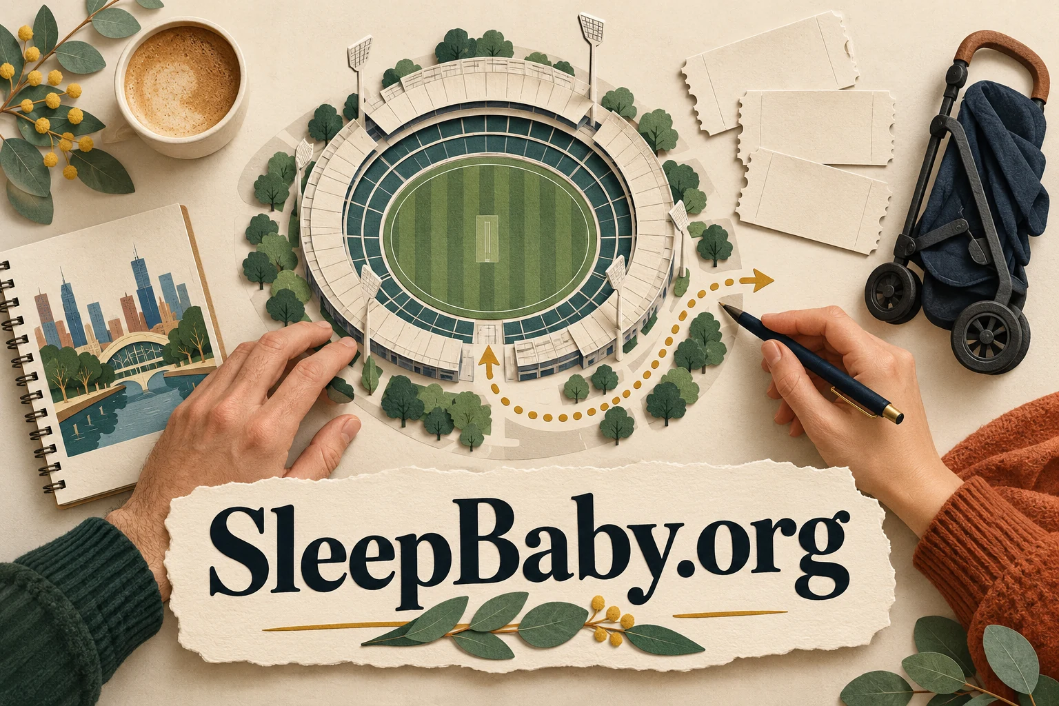 Hands arrange blank tickets beside a stylised stadium model and folded stroller.