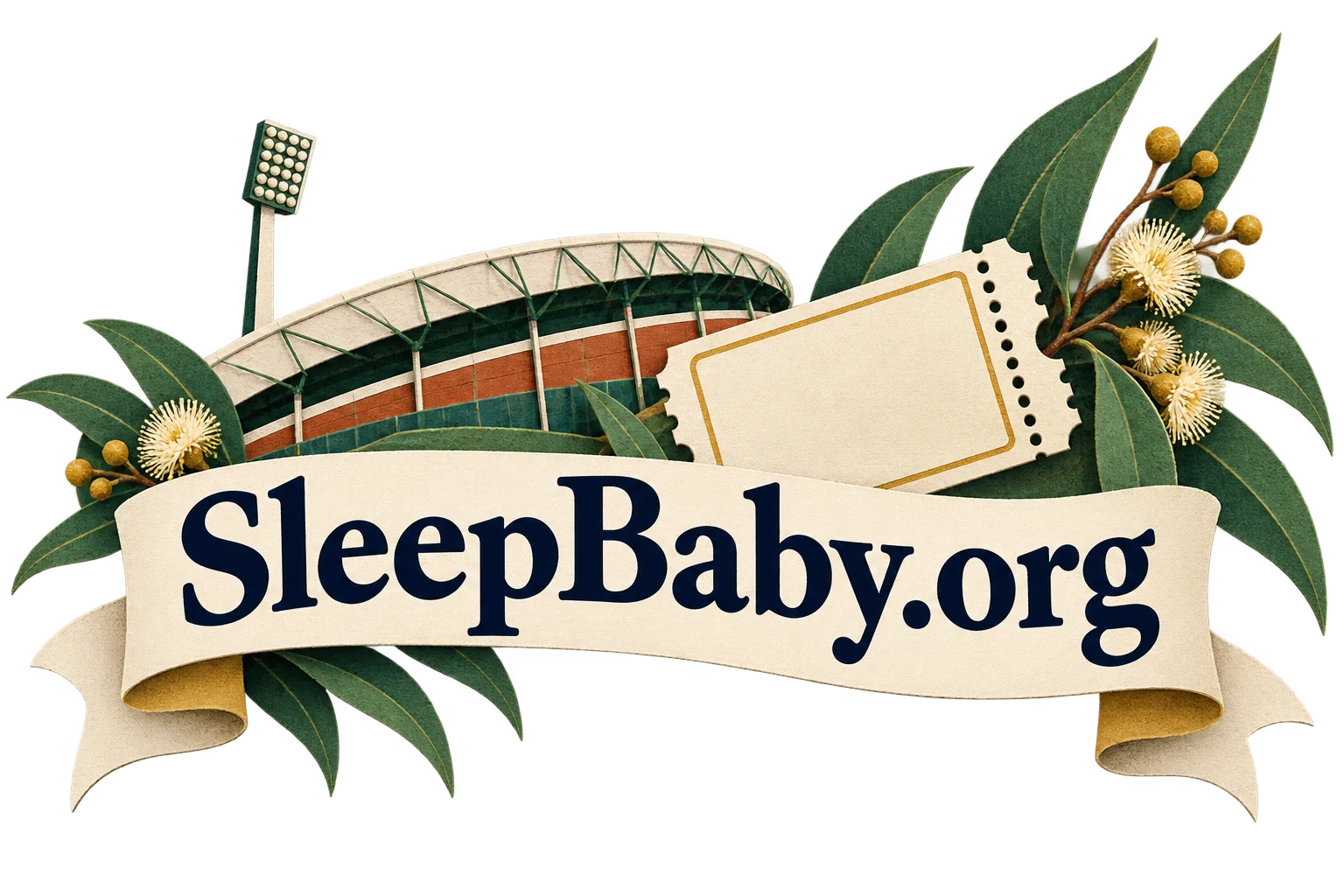 A stadium roof, blank ticket and eucalyptus leaves frame a SleepBaby.org ribbon.