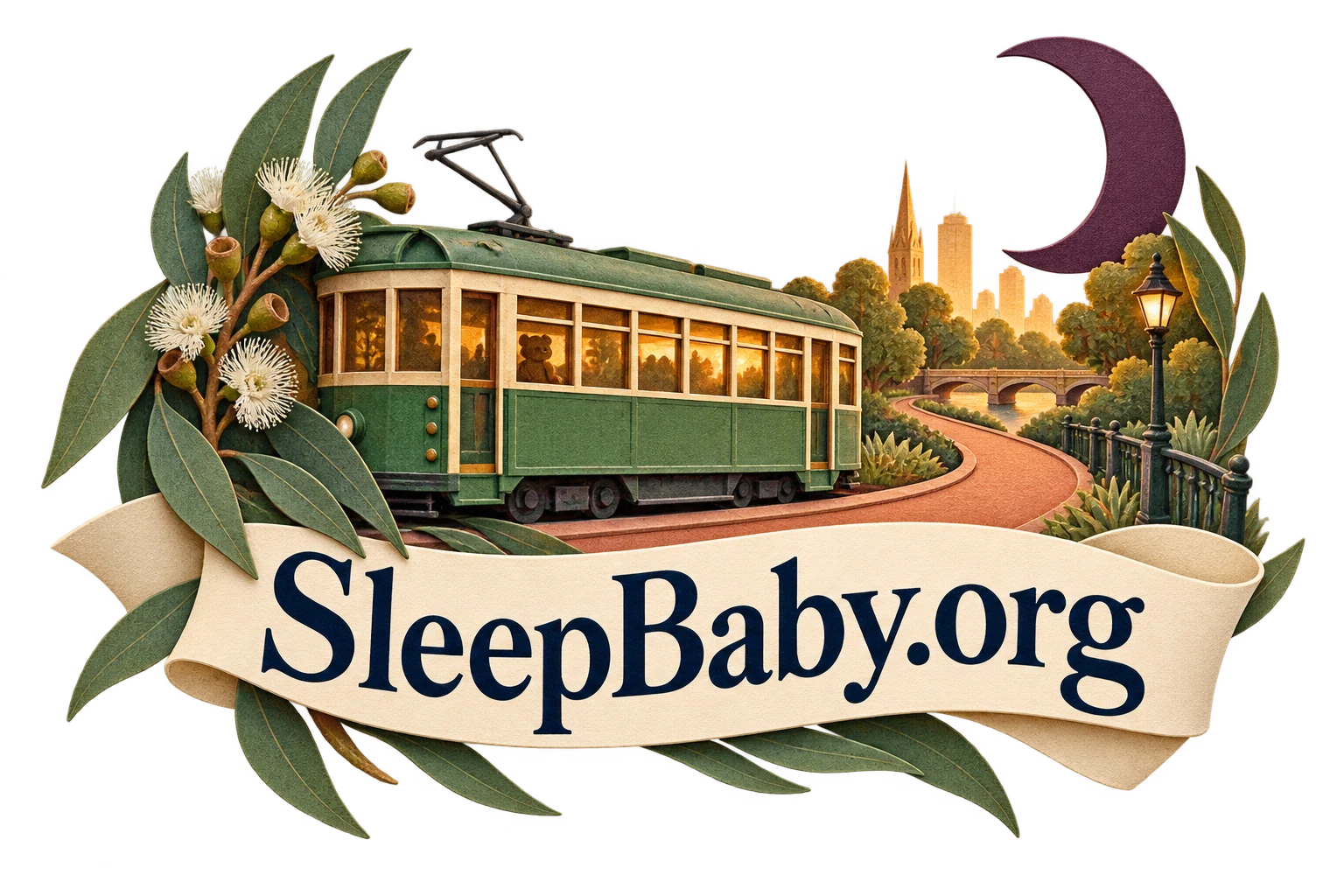 A vintage tram, park path, eucalyptus and crescent moon frame a SleepBaby.org ribbon.