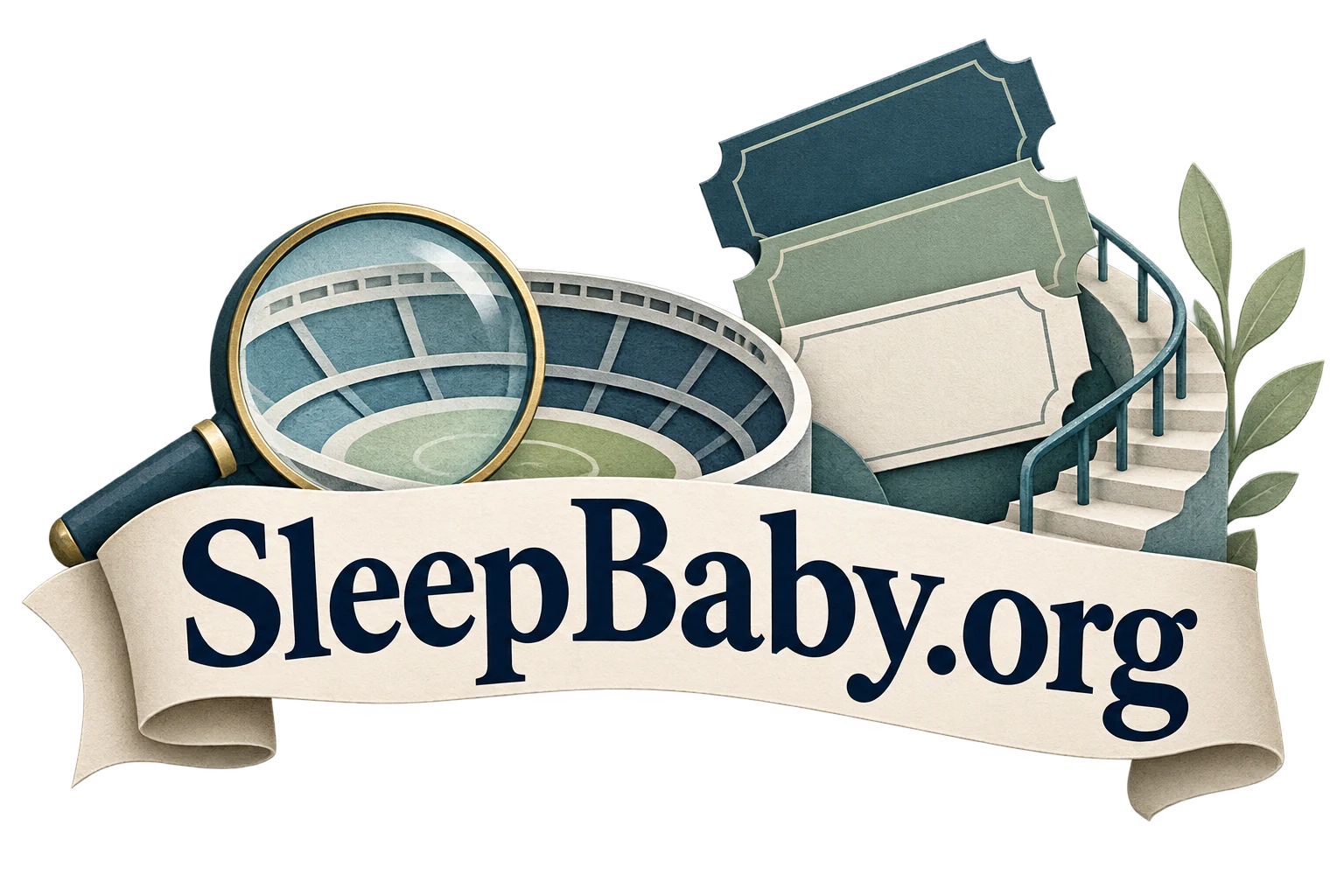 A magnifier, stadium bowl, stair and tickets sit behind a SleepBaby.org ribbon.
