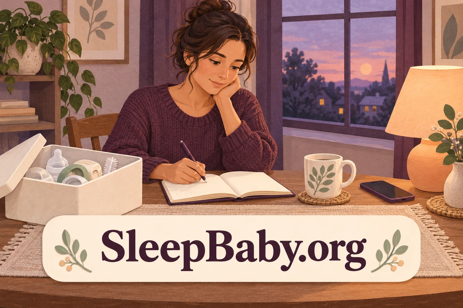 Illustrated adult writes in a notebook at an evening table beside a phone and a box of bottle parts.