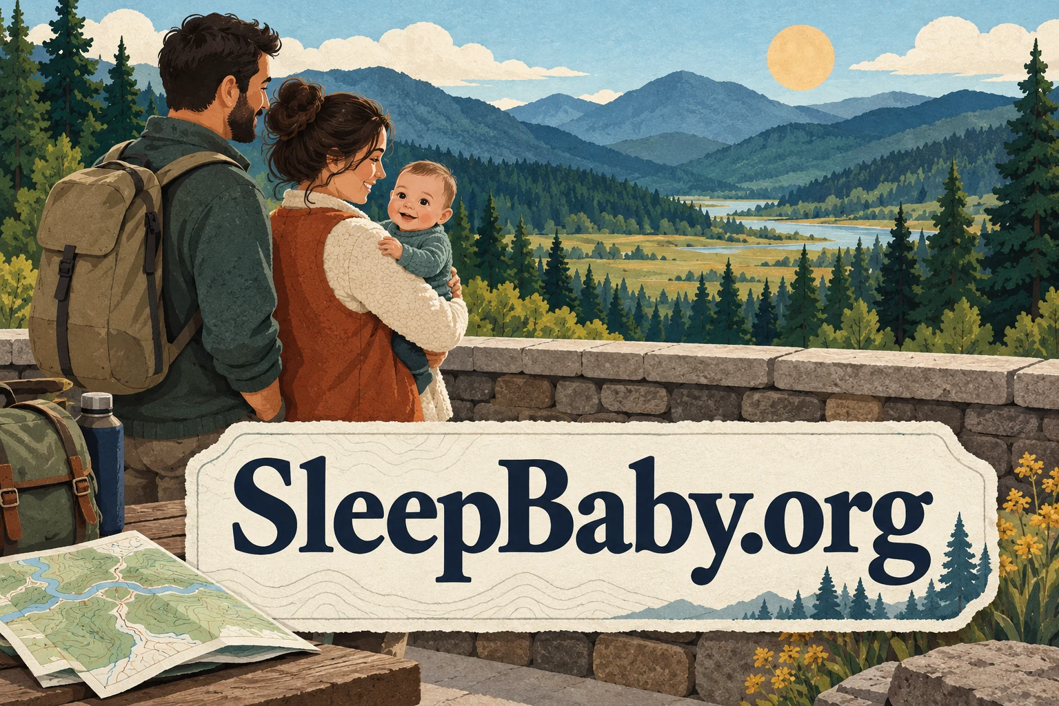Parents hold an awake baby behind a terrace wall overlooking wooded foothills.