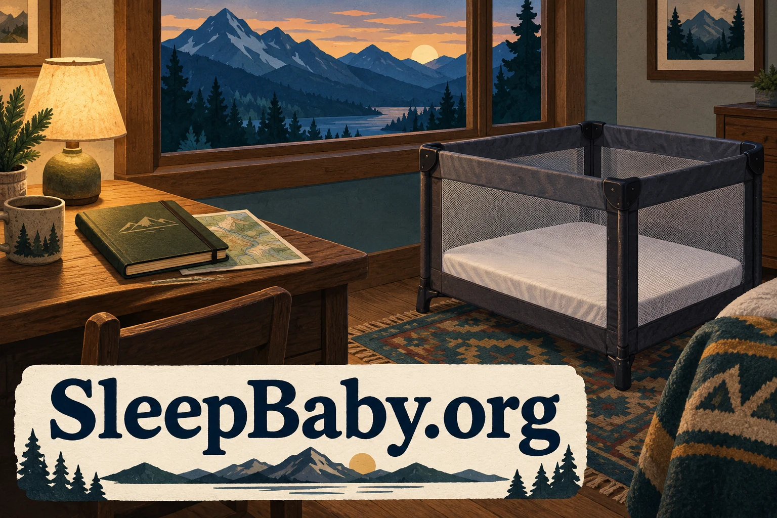 An empty clear travel cot stands in a valley room, with a closed map and journal on a separate desk.