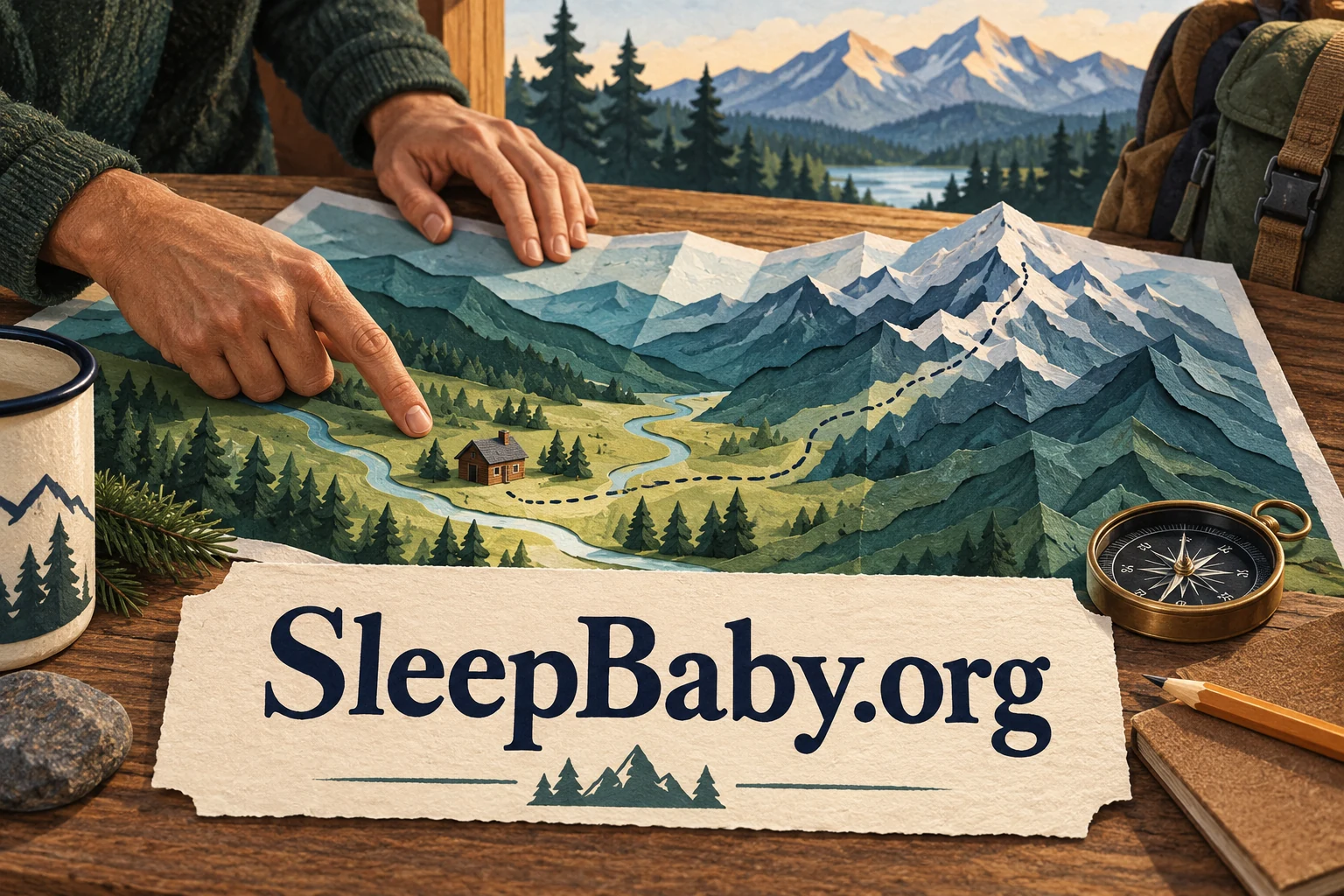 An adult points to a small valley cabin on an illustrated mountain map.