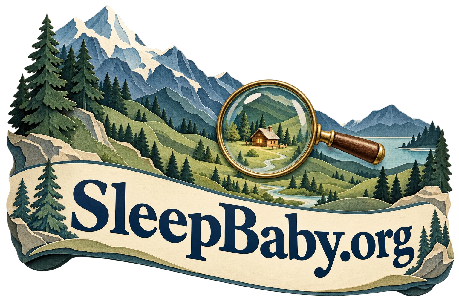 A magnifying glass highlights a small valley cabin beneath layered mountain peaks and a SleepBaby.org ribbon.