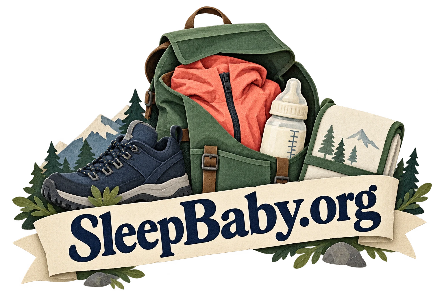 A day bag, jacket, bottle, changing mat and walking shoe surround a SleepBaby.org ribbon.
