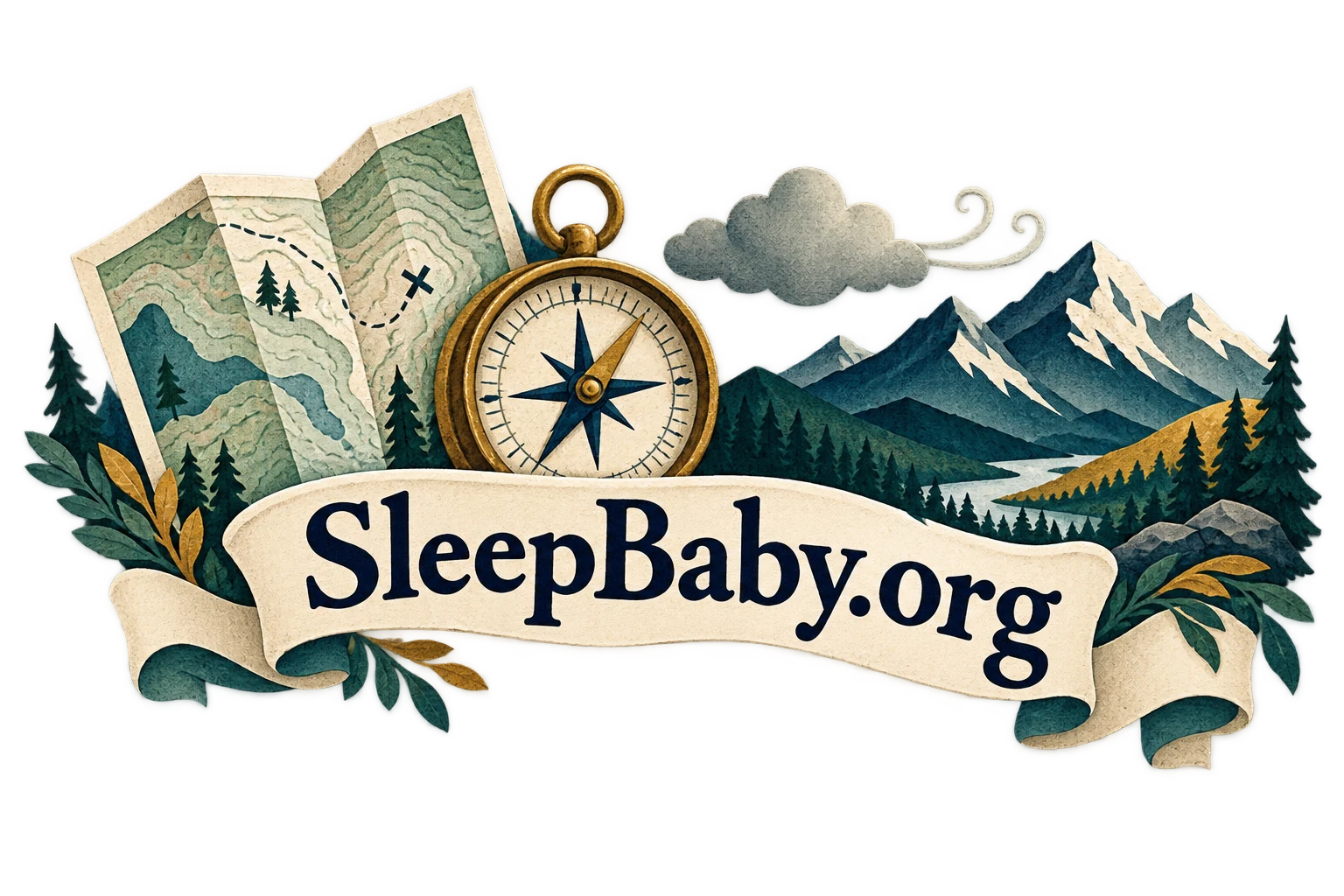 A mountain map, compass, cloud and paper peaks frame a SleepBaby.org ribbon.