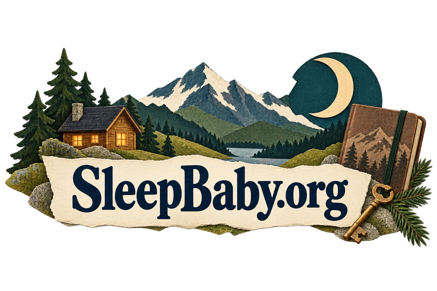 A small cabin, crescent moon, journal and key frame a SleepBaby.org ribbon.