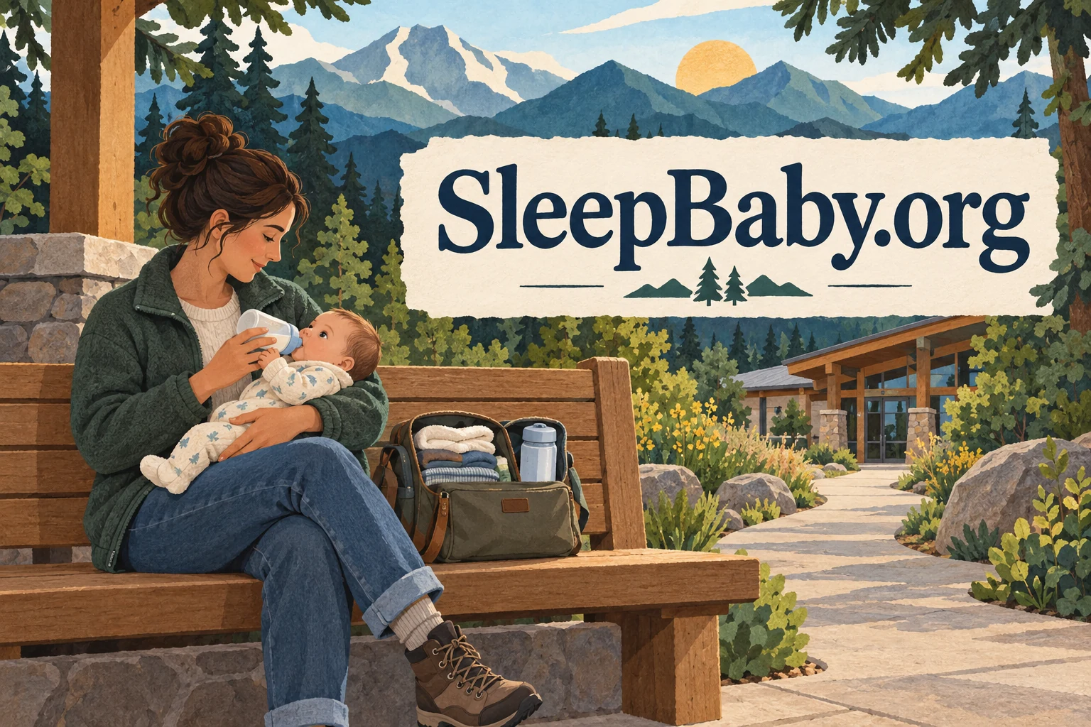 A seated parent holds and bottle-feeds an awake baby near a visitor building.
