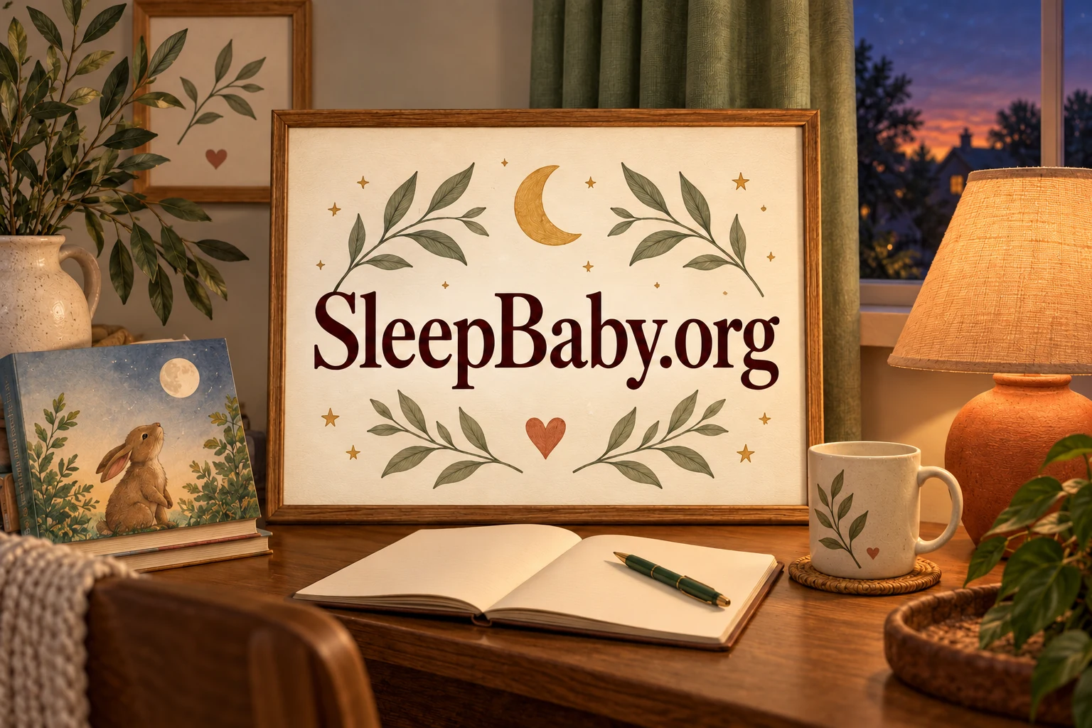 A blank notebook, picture book and warm lamp beside a window at dusk. SleepBaby.org appears in the artwork.