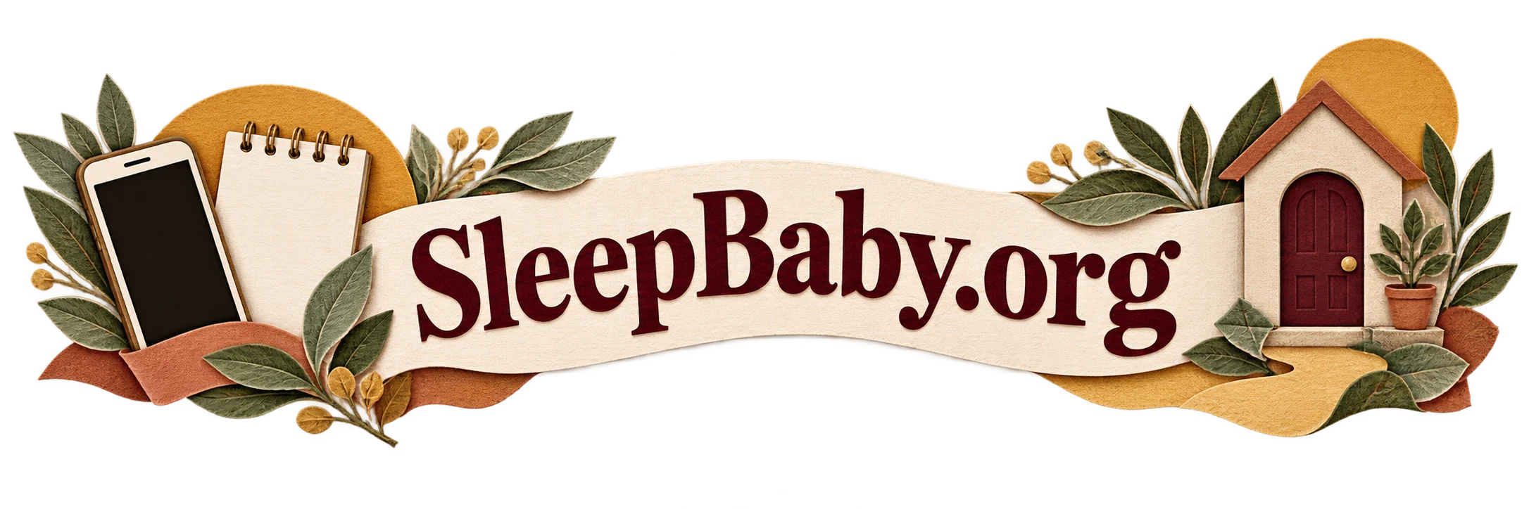A cut-paper banner connects a phone and note with a closed doorway. SleepBaby.org appears in the artwork.