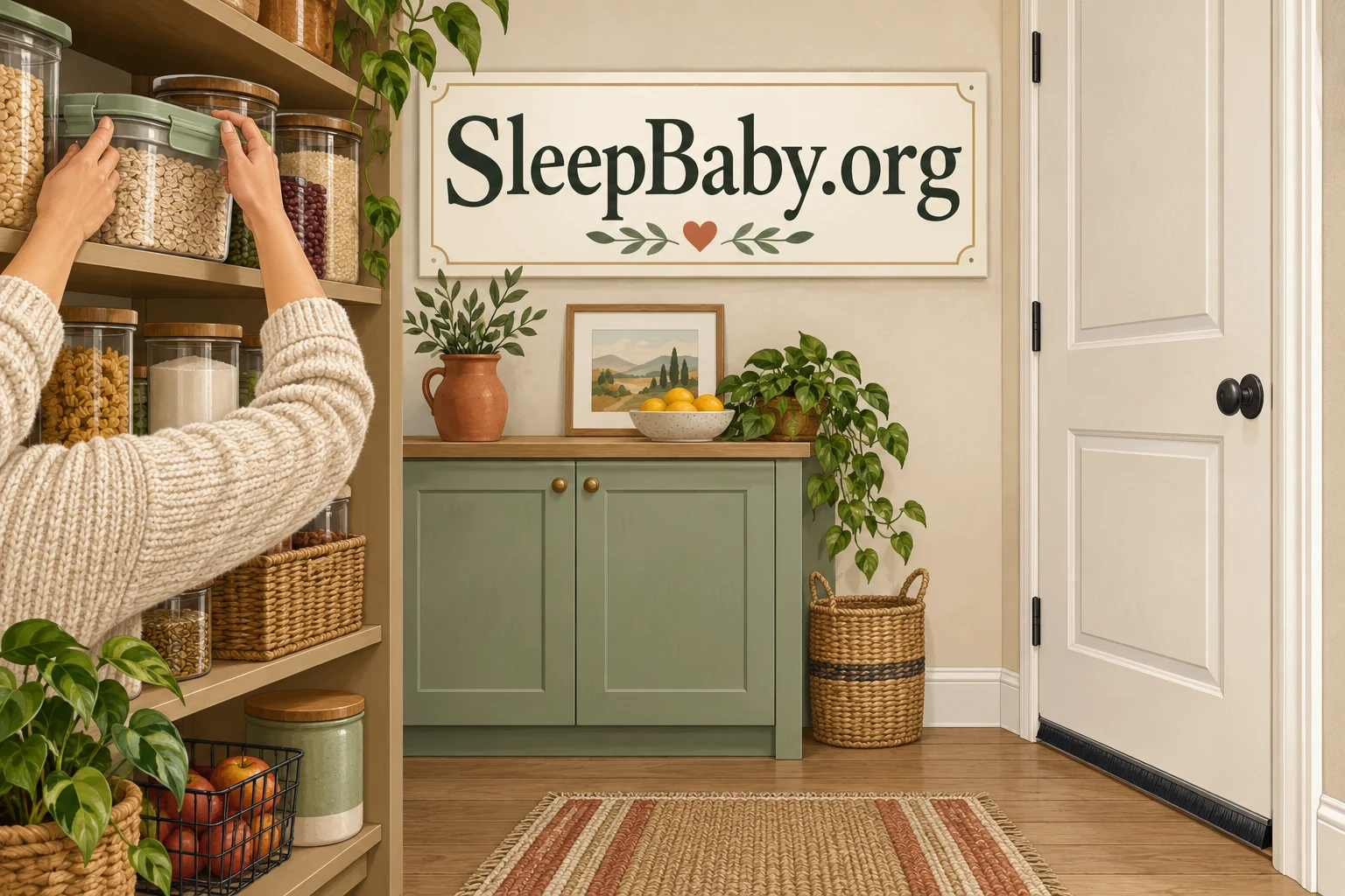 An adult closes a pantry container beside a closed door with a bottom sweep. SleepBaby.org appears in the artwork.