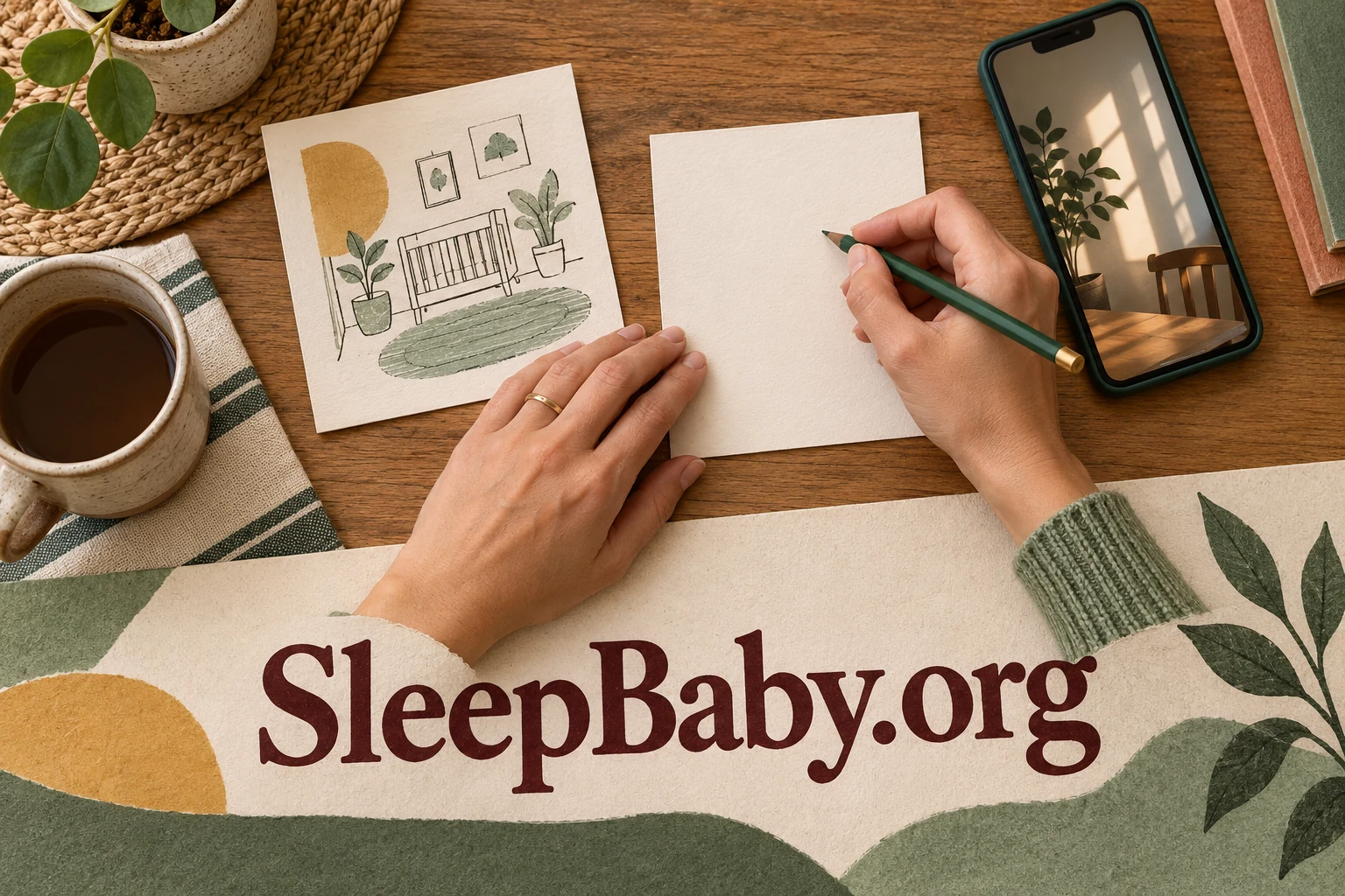 Adult hands write a note beside a phone and a simple room sketch. SleepBaby.org appears in the artwork.
