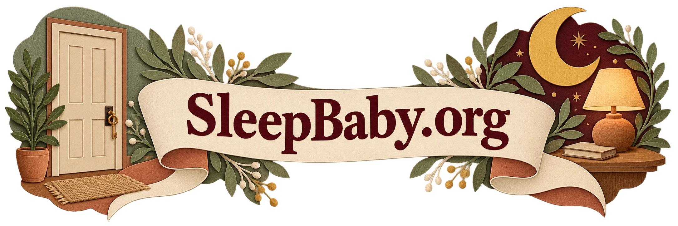 A cut-paper banner links a closed door and key with a lamp and moon. SleepBaby.org appears in the artwork.