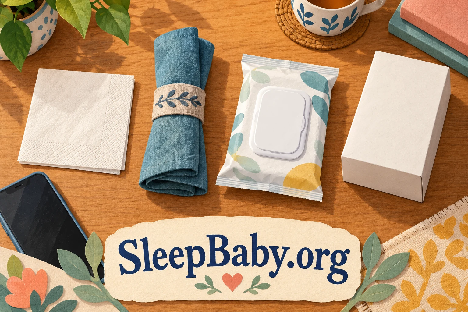 A paper napkin, cloth napkin and unopened wipe packet lie separately on an adult table.