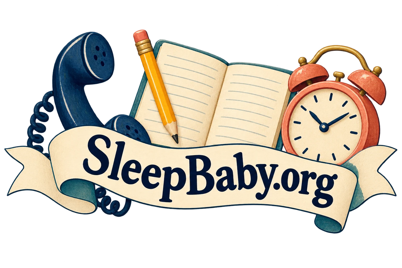 A telephone, notebook, pencil and clock frame a SleepBaby.org ribbon.