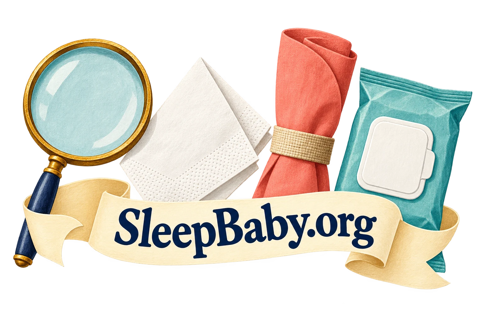 A magnifier, paper napkin, cloth napkin and wipe packet frame a SleepBaby.org ribbon.
