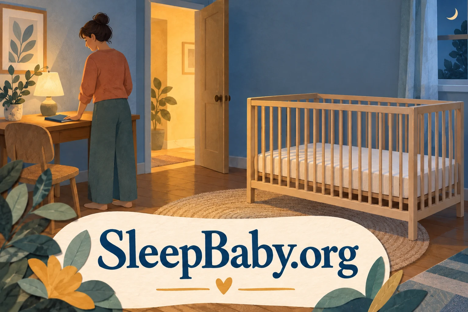 An empty clear cot stands apart from an adult and a notebook on a desk.