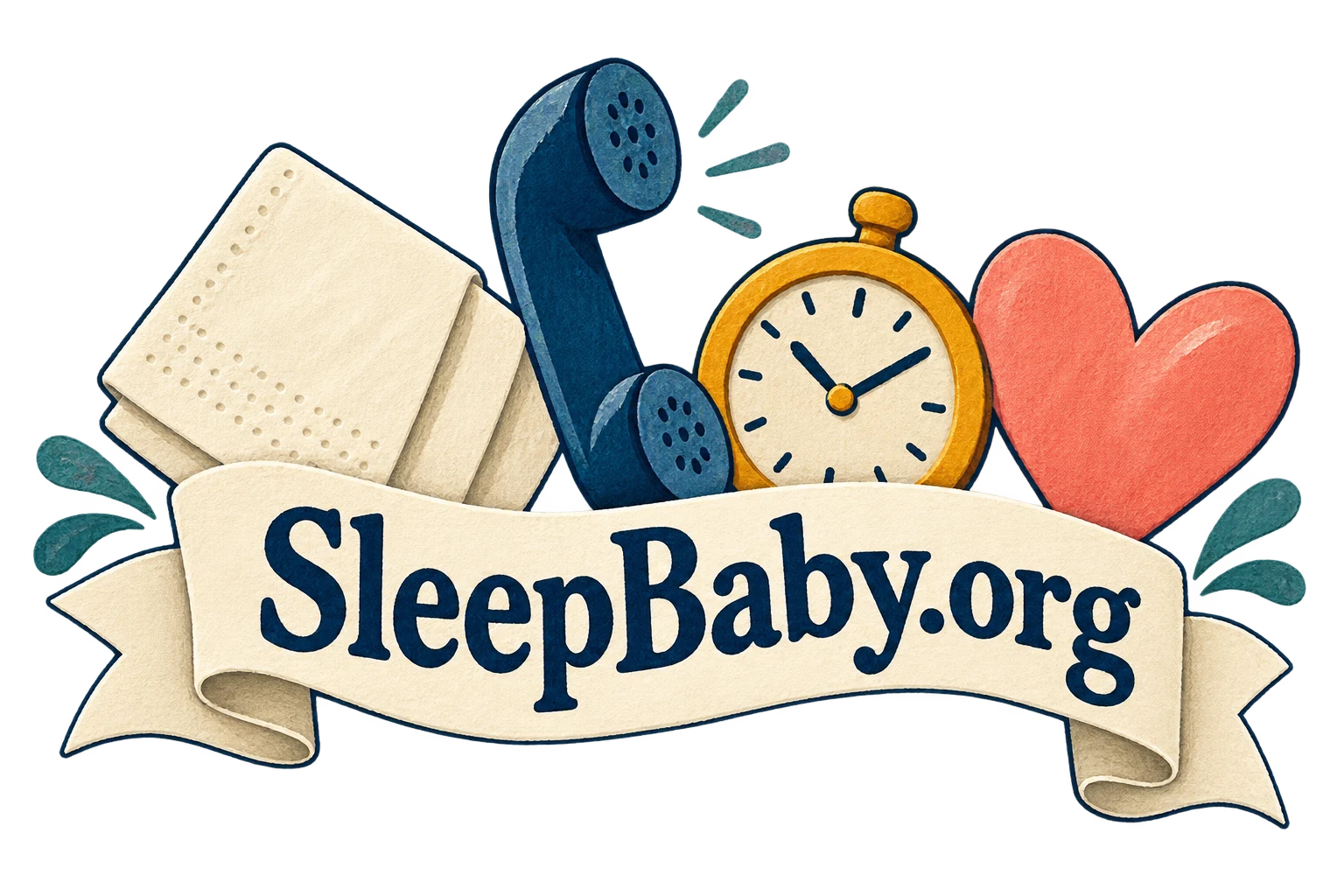 A napkin, telephone, clock and heart frame a SleepBaby.org ribbon.