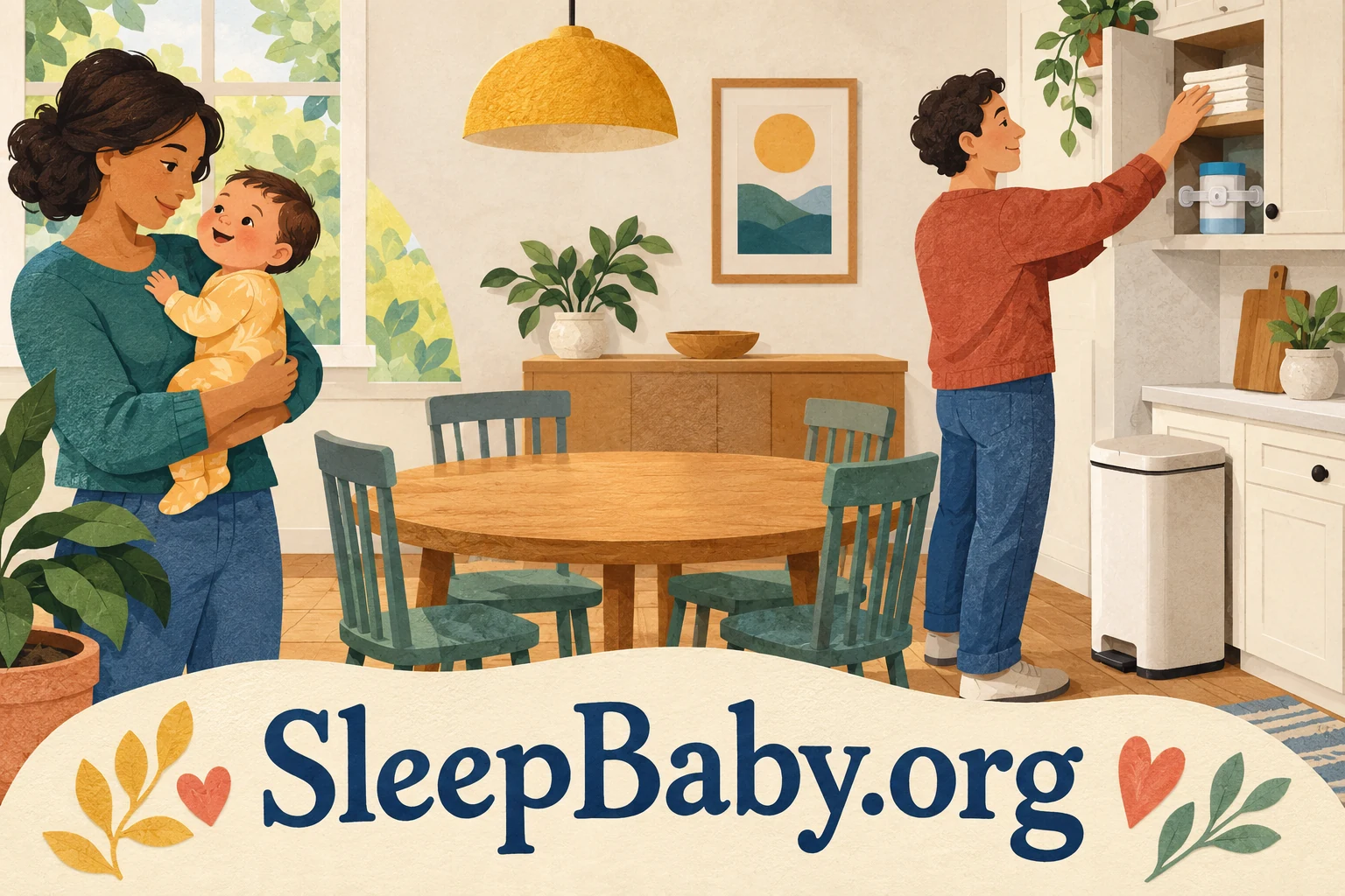An adult puts napkins in a high cupboard while another holds the baby away from the table.