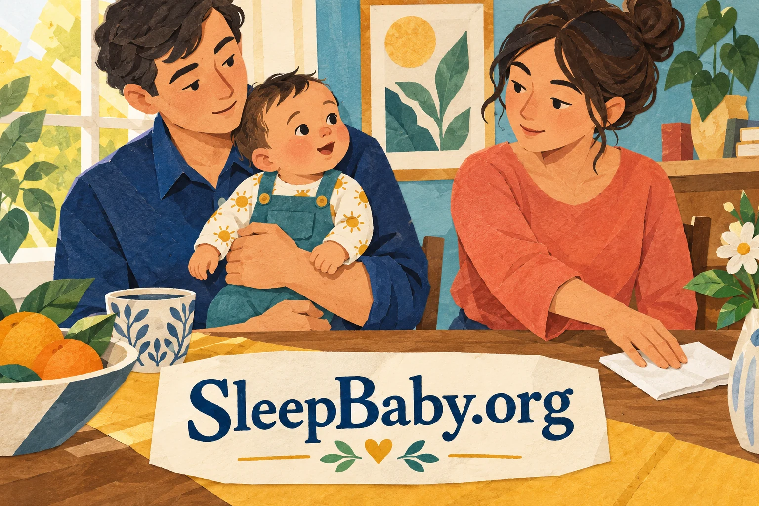 One adult holds an awake baby while another moves a paper napkin away.