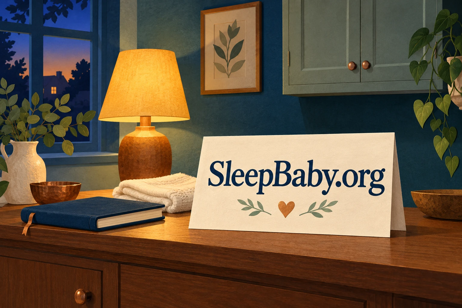 A closed care notebook and folded cloth beneath a warm lamp. SleepBaby.org illustration.