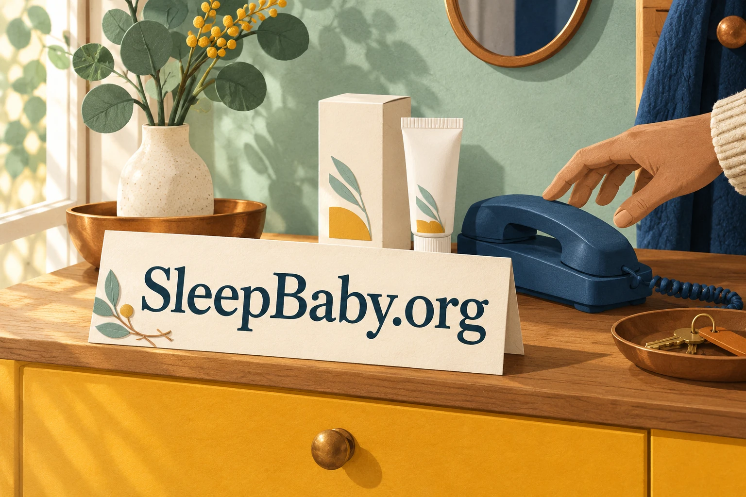 An adult reaches for a telephone beside a closed ointment tube and carton. SleepBaby.org illustration.