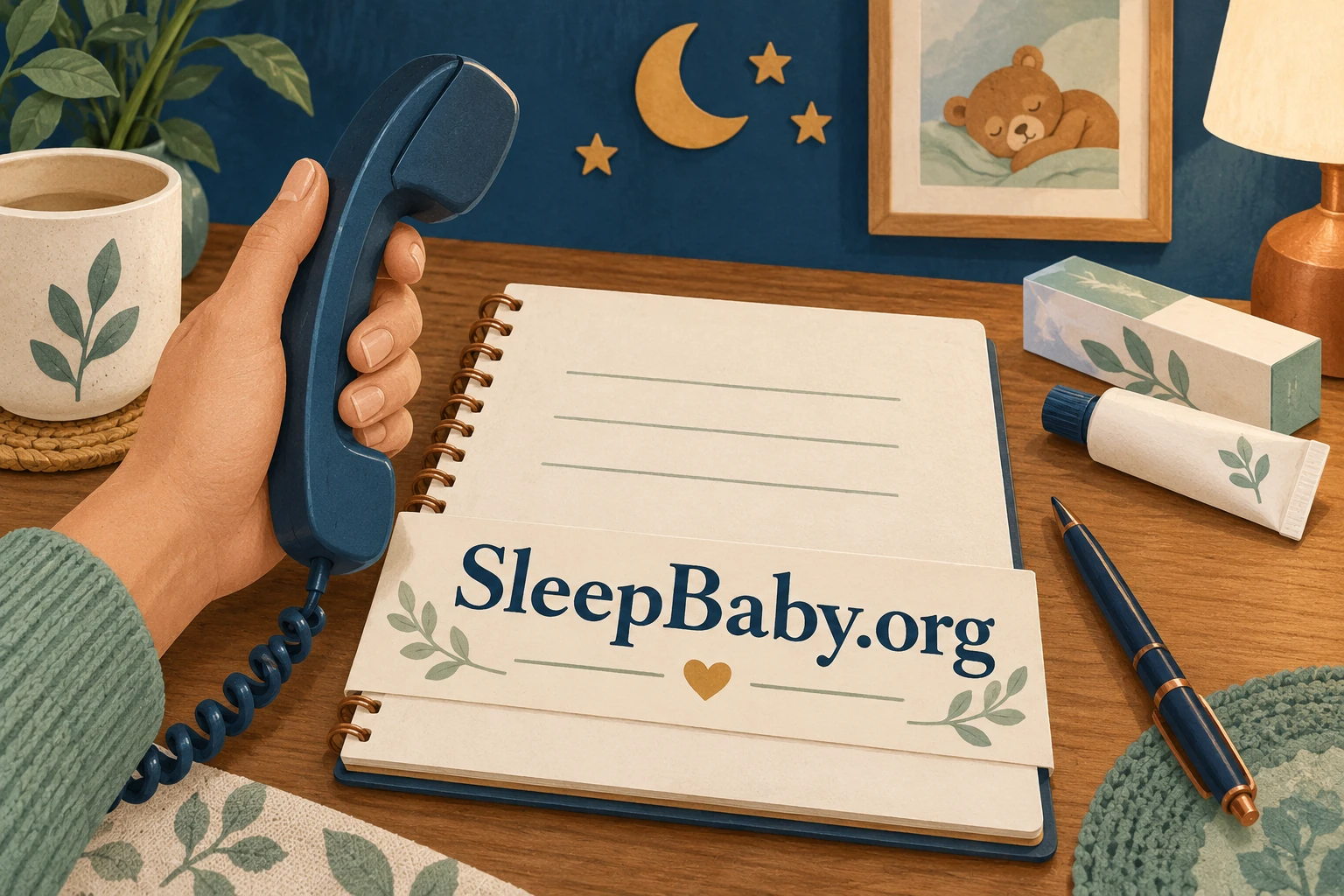 An adult holds a telephone over a notebook beside a closed tube and carton. SleepBaby.org illustration.