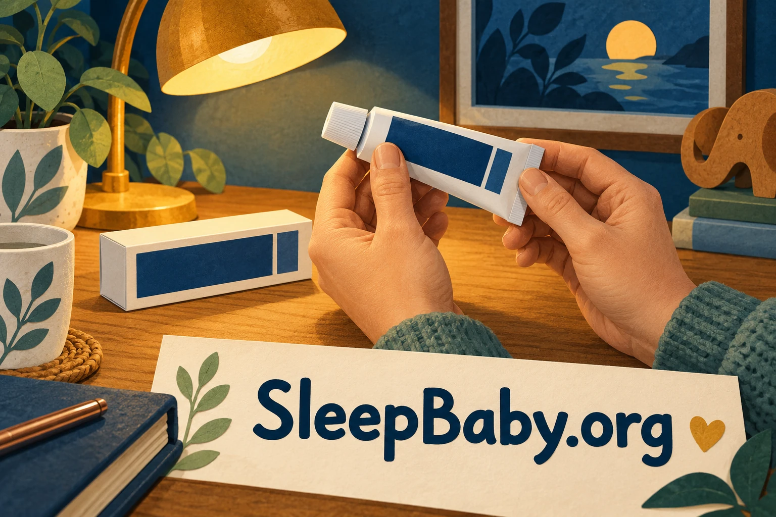 Adult hands examine a closed generic ointment tube under a lamp. SleepBaby.org illustration.