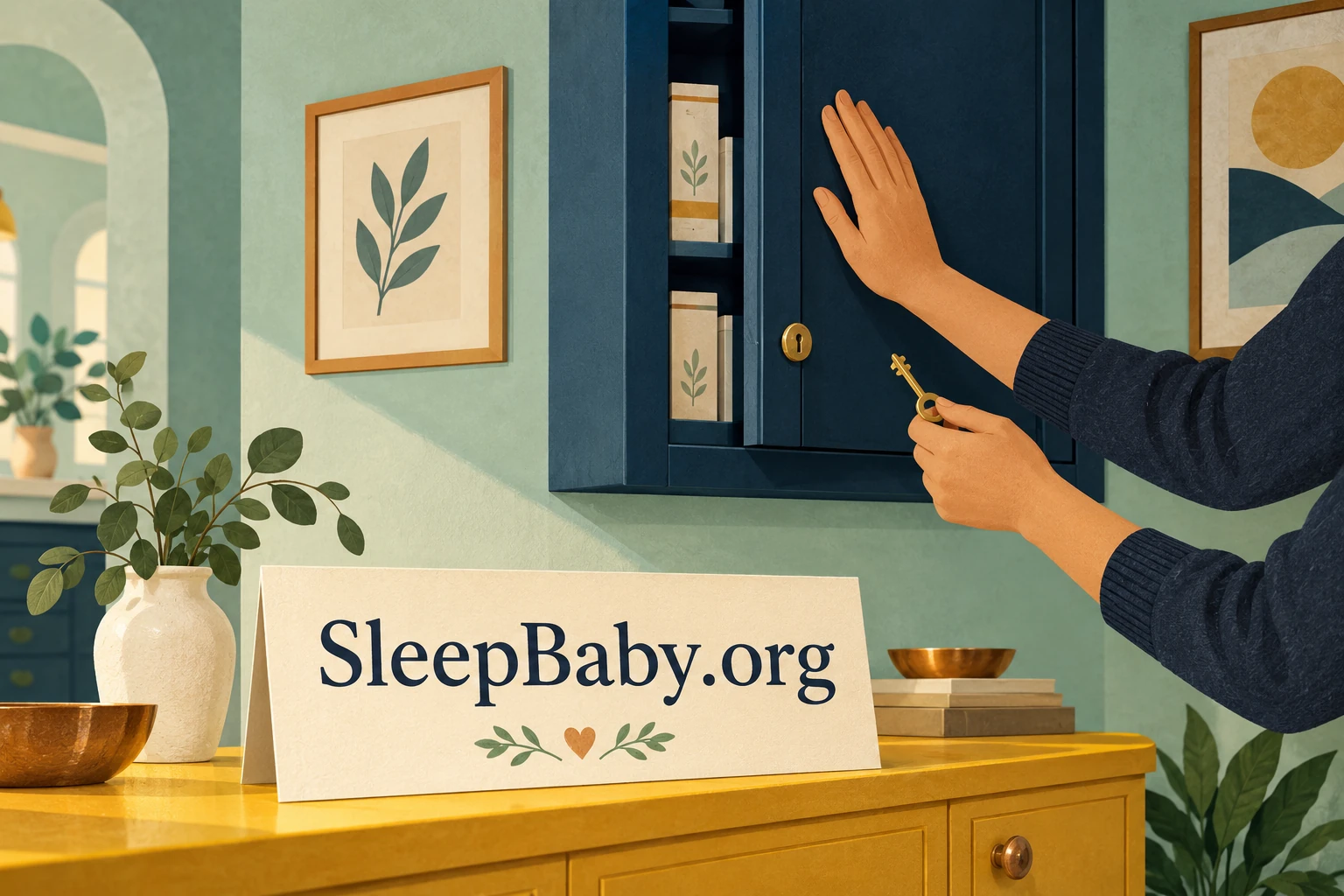 An adult closes and locks a high medicine cupboard. SleepBaby.org illustration.