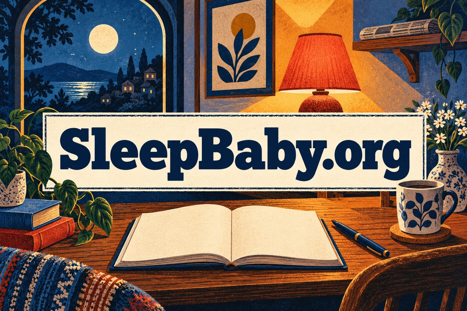 A bedtime notebook and lamp sit below a high shelf holding a newspaper. SleepBaby.org appears in the artwork.