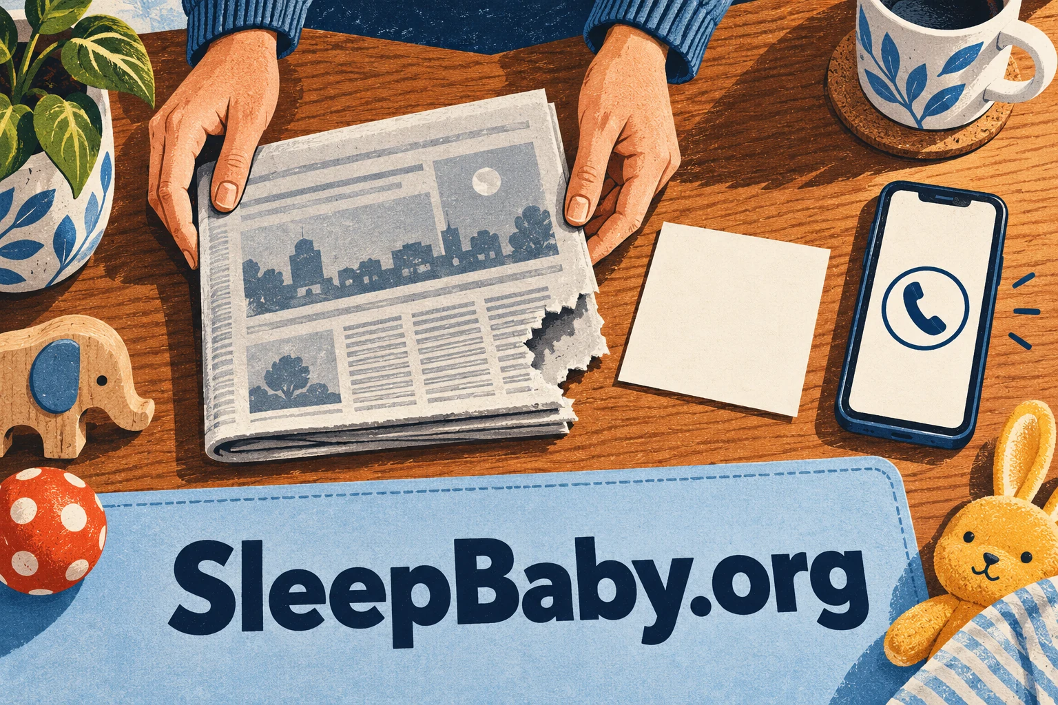 Adult hands hold a newspaper with a torn corner beside a note card and phone. SleepBaby.org appears in the artwork.