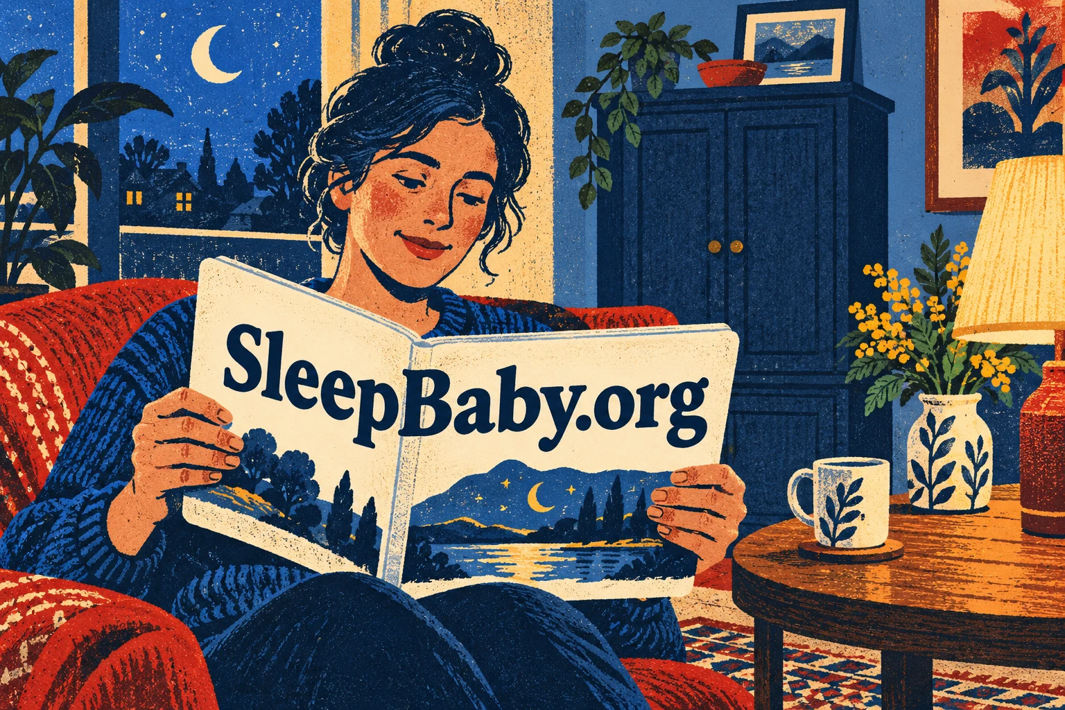 An adult holds an illustrated book beside a lamp in the evening. SleepBaby.org appears in the artwork.