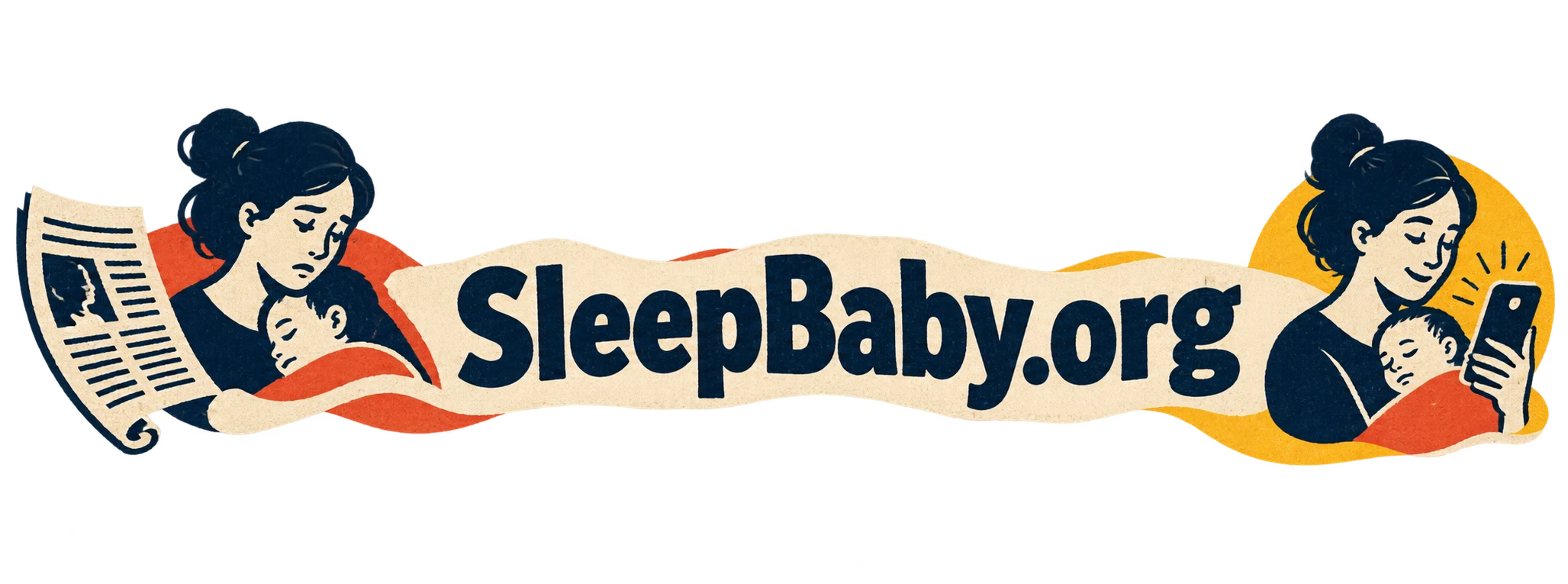 A paper ribbon links a newspaper scene with a caregiver using a phone. SleepBaby.org appears in the artwork.