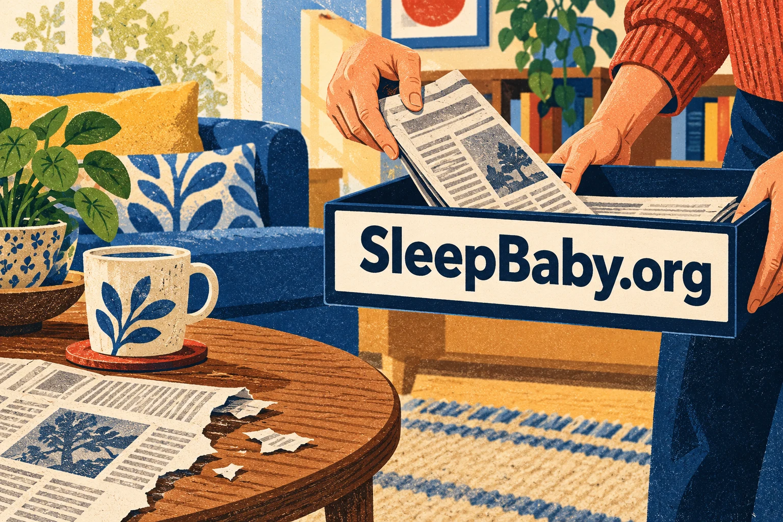 An adult places a newspaper in a high-held storage tray. SleepBaby.org appears in the artwork.