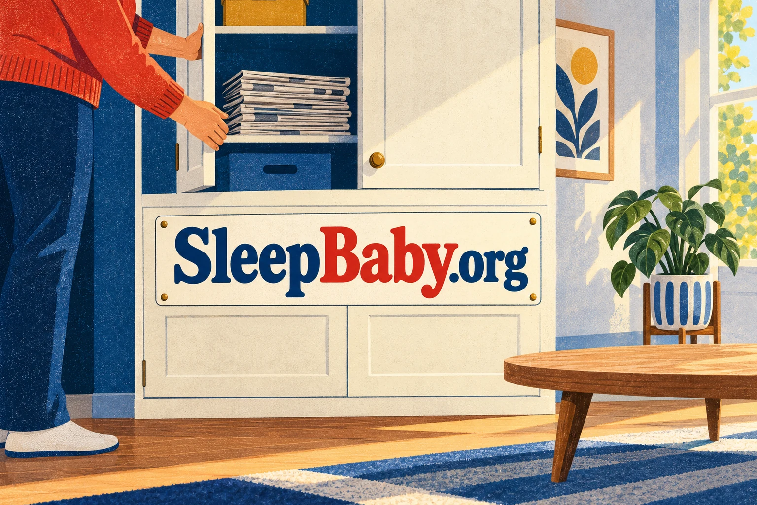 An adult closes a cabinet holding a stack of newspapers. SleepBaby.org appears in the artwork.