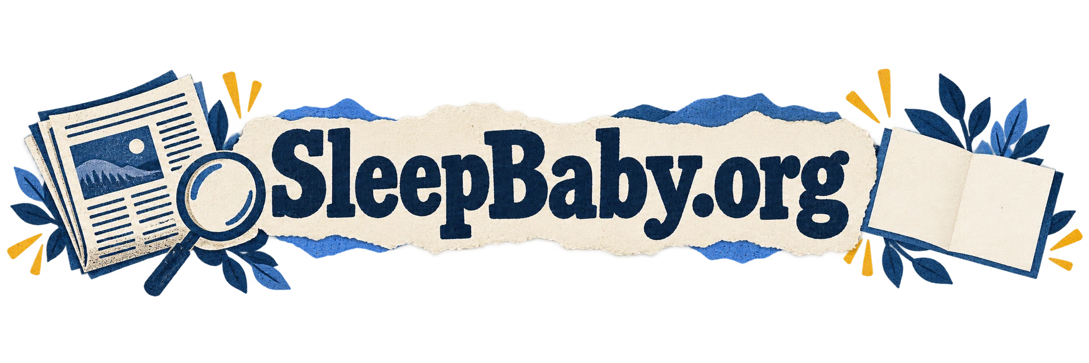 A paper ribbon connects a newspaper and magnifying glass with a blank note card. SleepBaby.org appears in the artwork.