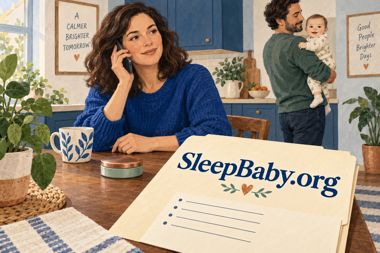 One caregiver calling while another holds an alert baby. SleepBaby.org illustration.