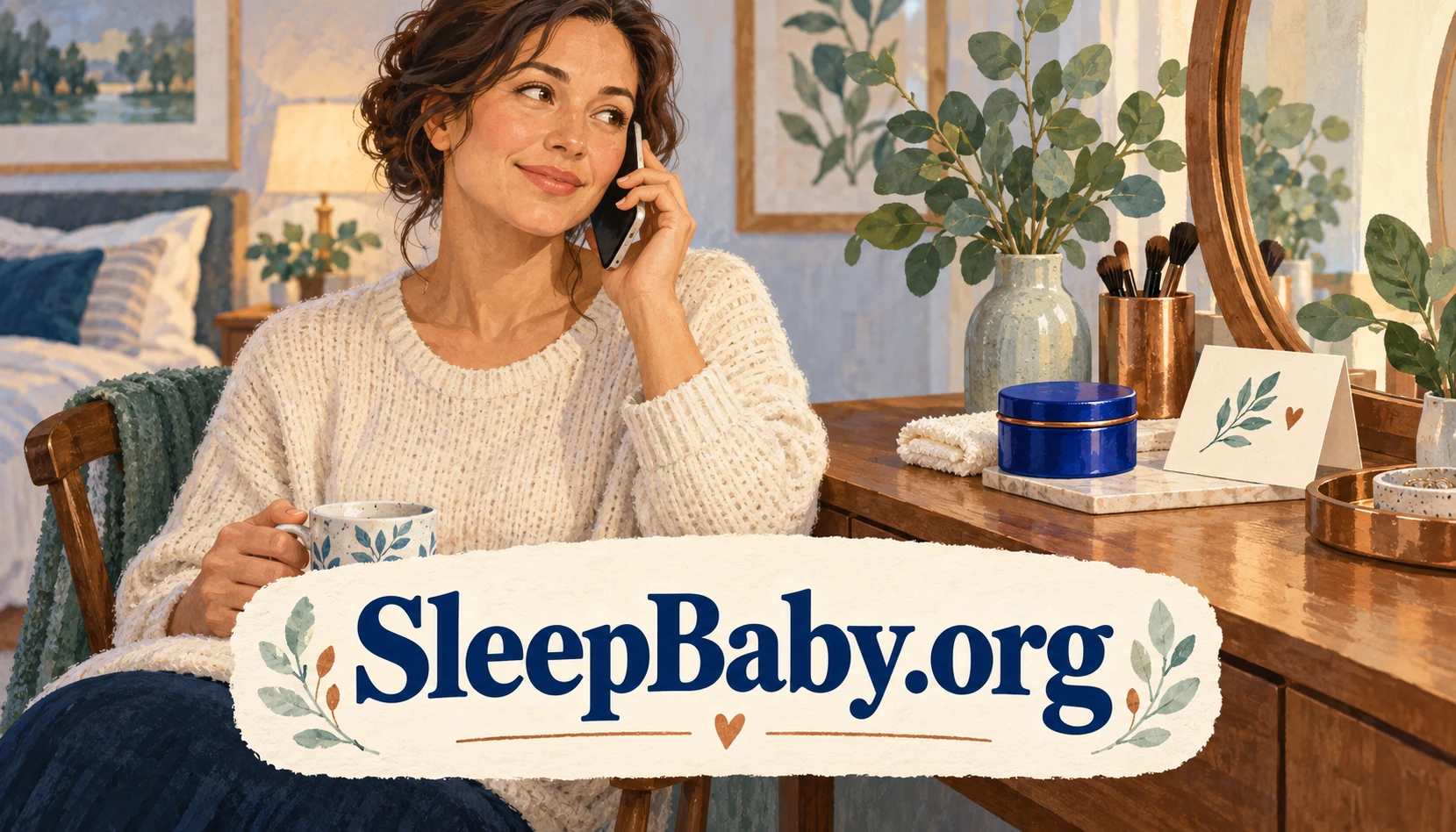 Adult with a phone and a closed cream container. SleepBaby.org illustration.