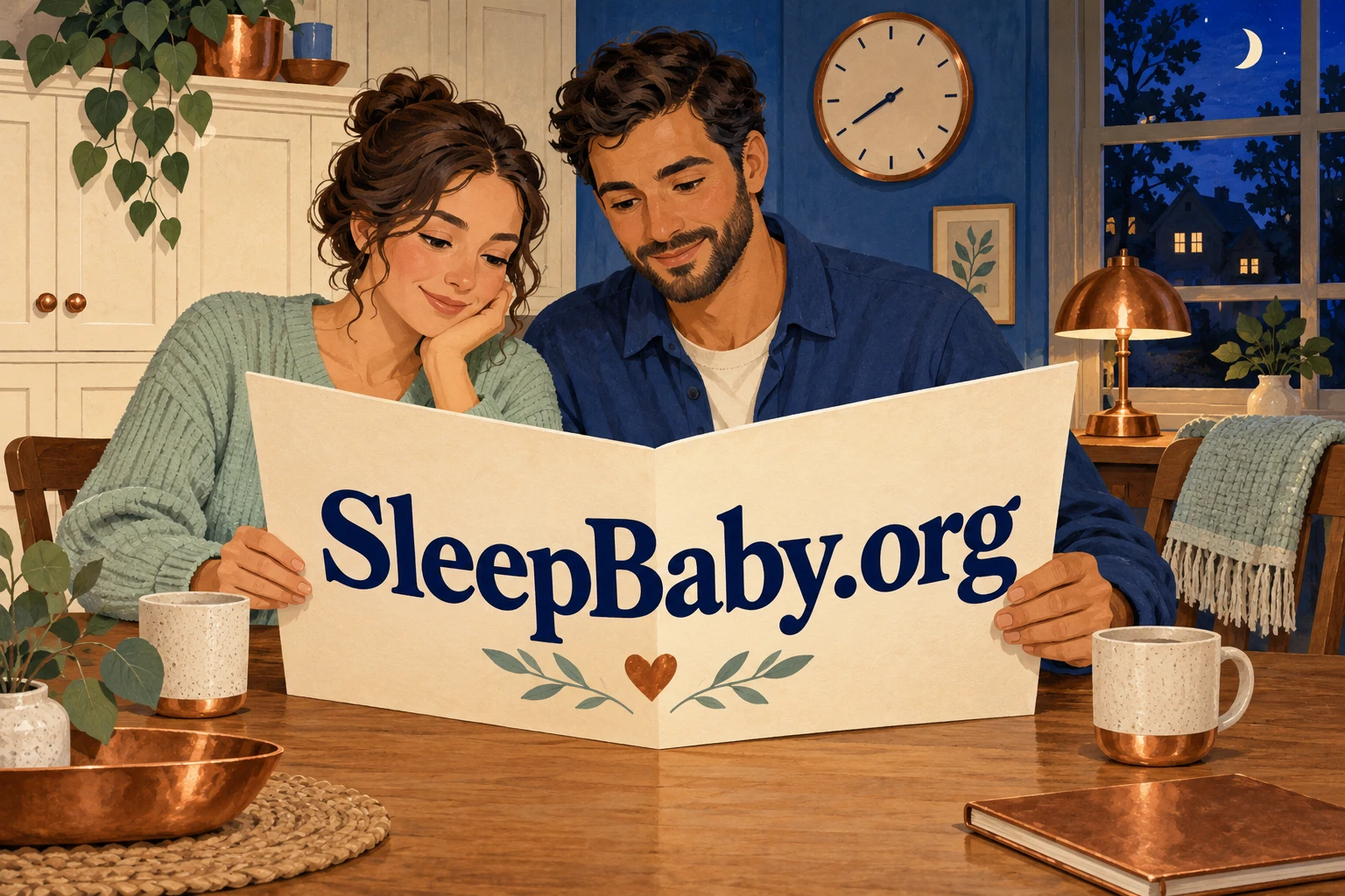 Two adults looking at a care folder in the evening. SleepBaby.org illustration.