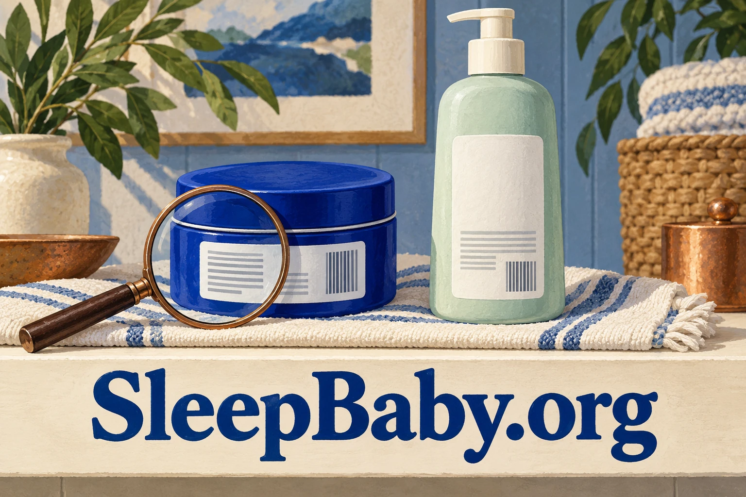 Cream containers and a magnifying glass beside their labels. SleepBaby.org illustration.